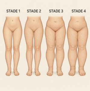 les différents stade du lipoedème réprésenté sur quatre paires de jambes différentes
